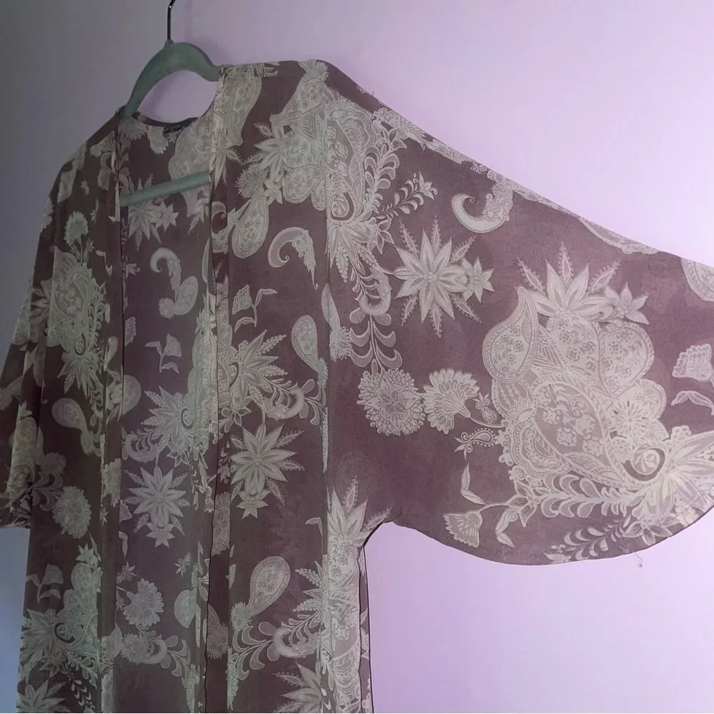 Charlotte Russe M Duster Purple Boho Paisley Robe Open Front Longline Cardigan